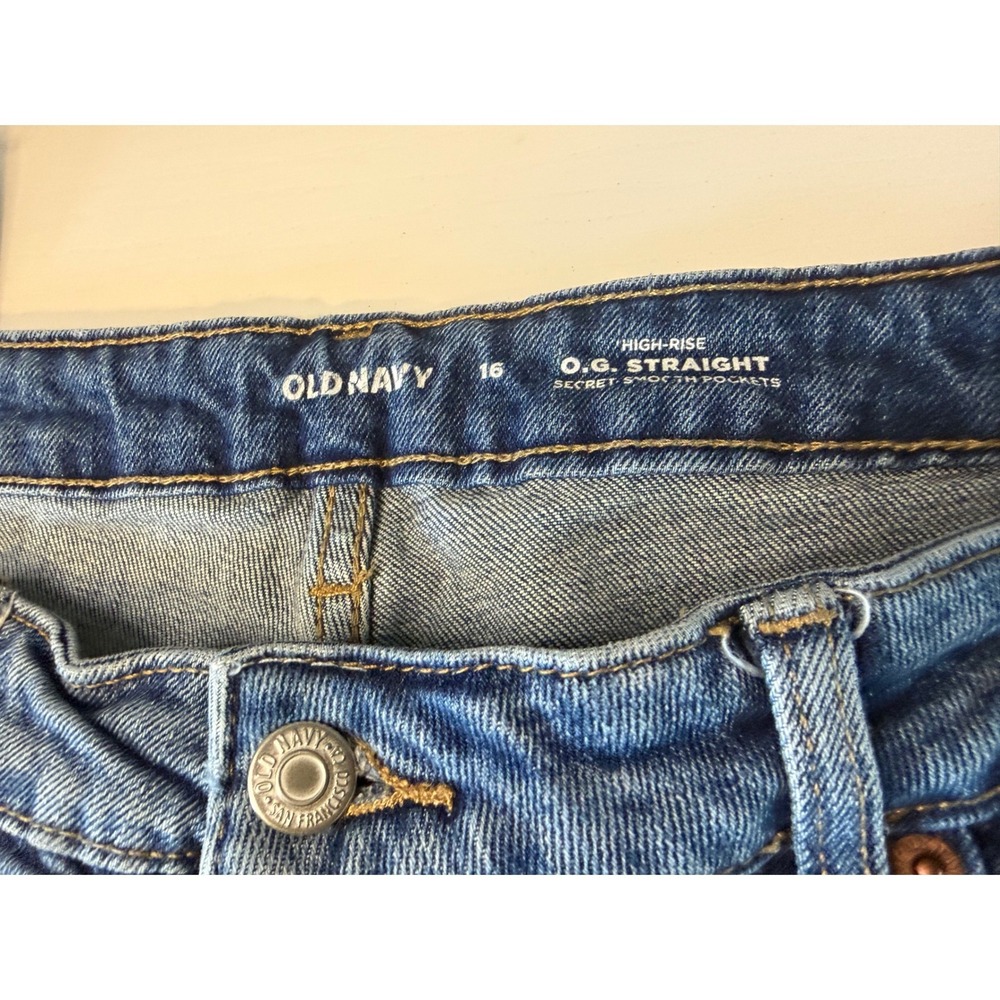 Old Navy O.G. Straight High Rise Jeans Medium Wash Raw Hem Womens 16 - Picture 2 of 5